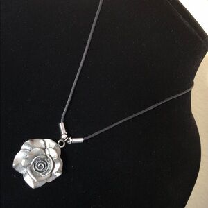 Silver Tone 🌹 Rose Medallion Corded Pendant Statement Necklace